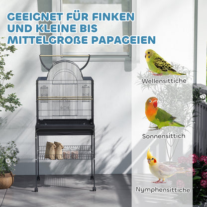 Bird Cage Budgie Cage with Tray, Shelf, Feeding Cups, Parrot Cage with Wheels for Budgie, Canary, Cockatiel, Steel 63 x 53 x 144 cm Black