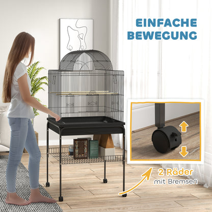 Bird Cage Budgie Cage with Tray, Shelf, Feeding Cups, Parrot Cage with Wheels for Budgie, Canary, Cockatiel, Steel 63 x 53 x 144 cm Black