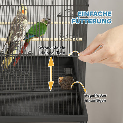 Bird Cage Budgie Cage with Tray, Shelf, Feeding Cups, Parrot Cage with Wheels for Budgie, Canary, Cockatiel, Steel 63 x 53 x 144 cm Black