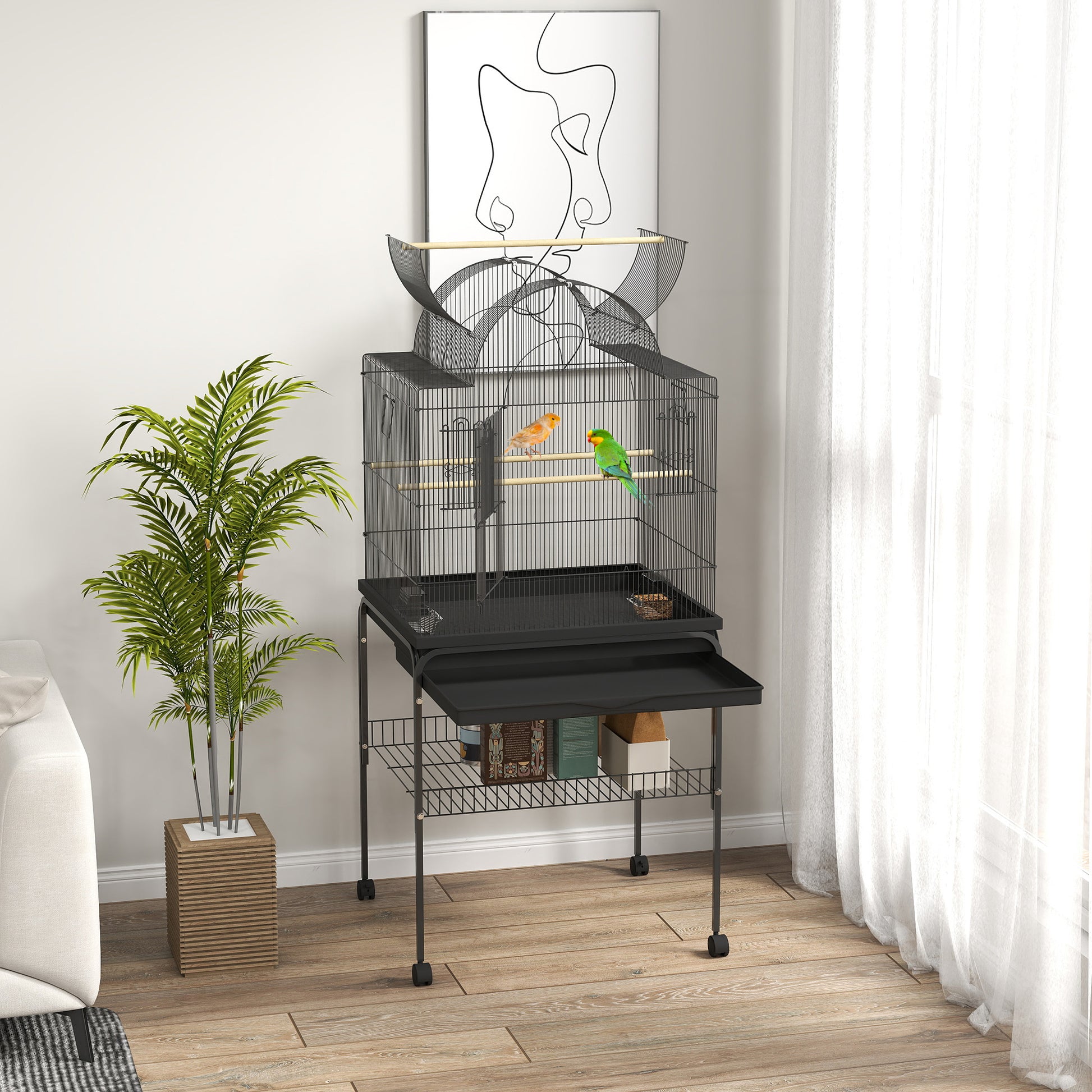 Bird Cage Budgie Cage with Tray, Shelf, Feeding Cups, Parrot Cage with Wheels for Budgie, Canary, Cockatiel, Steel 63 x 53 x 144 cm Black