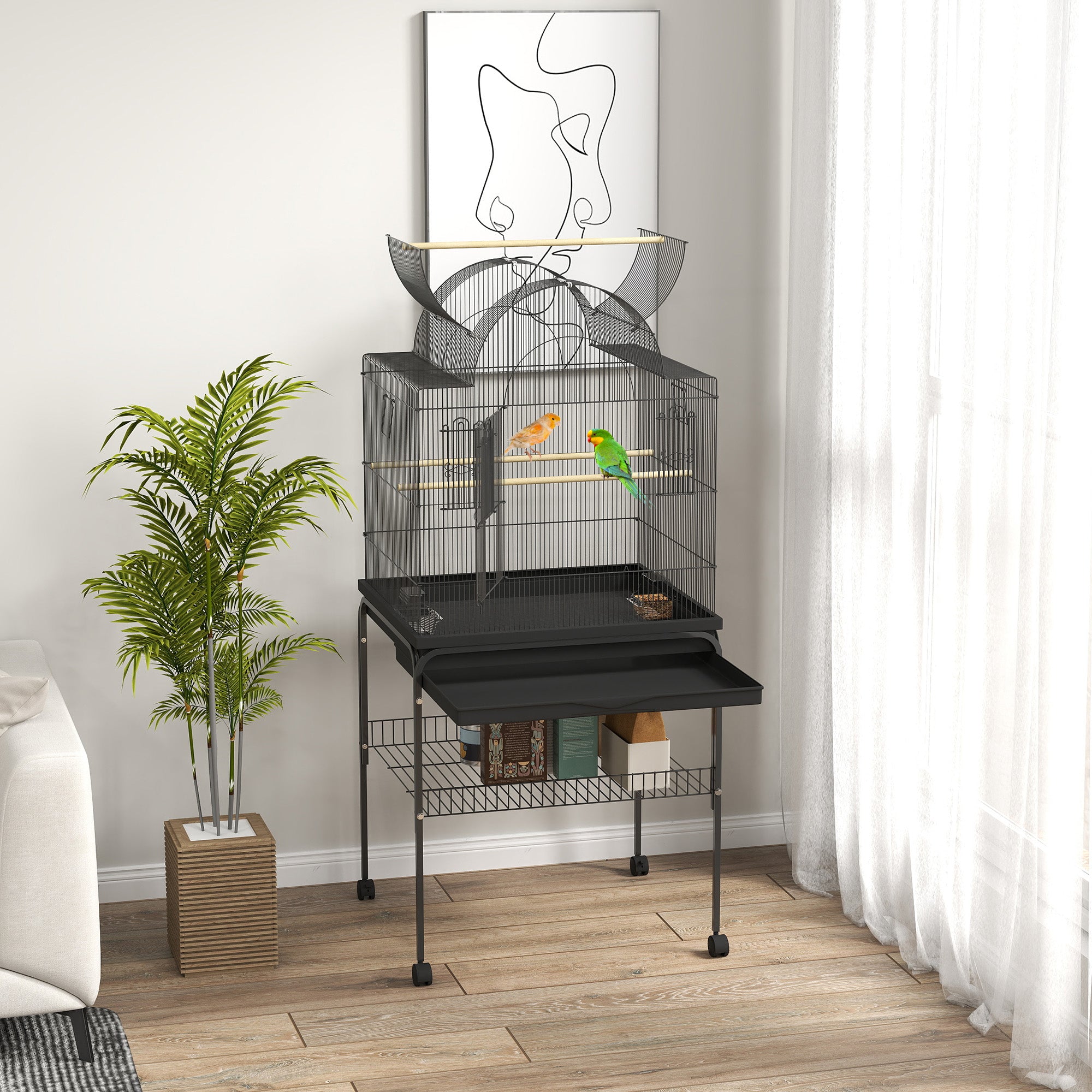 Bird Cage Budgie Cage with Tray, Shelf, Feeding Cups, Parrot Cage with Wheels for Budgie, Canary, Cockatiel, Steel 63 x 53 x 144 cm Black