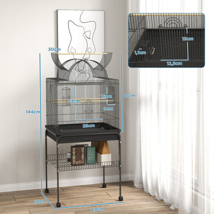 Bird Cage Budgie Cage with Tray, Shelf, Feeding Cups, Parrot Cage with Wheels for Budgie, Canary, Cockatiel, Steel 63 x 53 x 144 cm Black