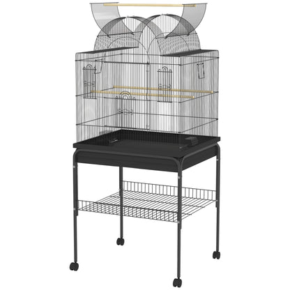 Bird Cage Budgie Cage with Tray, Shelf, Feeding Cups, Parrot Cage with Wheels for Budgie, Canary, Cockatiel, Steel 63 x 53 x 144 cm Black