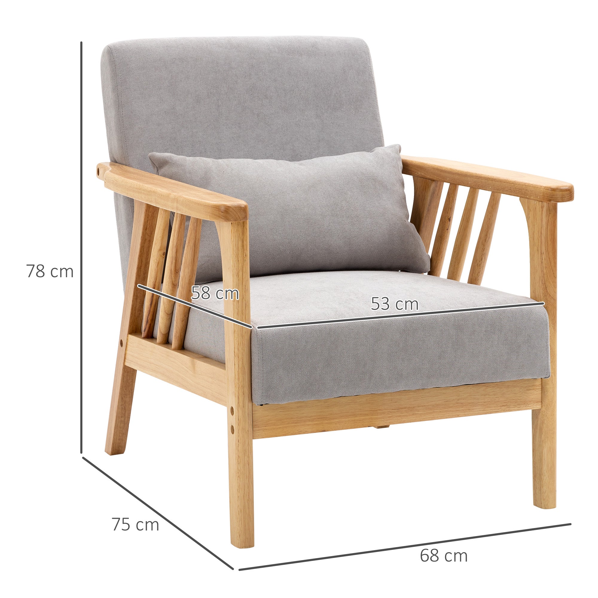 Modern Armchair with Velvet Upholstery and Wood Frame, Bedroom and Living Room Armchair with Extra Pillow, 68x75x78cm, Gray