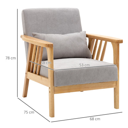 Modern Armchair with Velvet Upholstery and Wood Frame, Bedroom and Living Room Armchair with Extra Pillow, 68x75x78cm, Gray