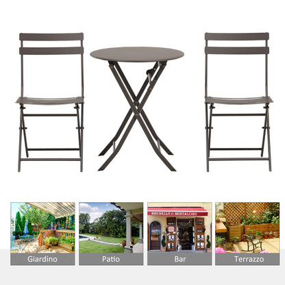 Foldable Garden Table with Chairs in Brown Steel, 3-Piece Set for Balcony, Terrace, Outdoor