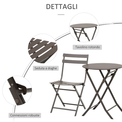 Foldable Garden Table with Chairs in Brown Steel, 3-Piece Set for Balcony, Terrace, Outdoor