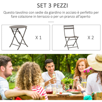 Foldable Garden Table with Chairs in Brown Steel, 3-Piece Set for Balcony, Terrace, Outdoor