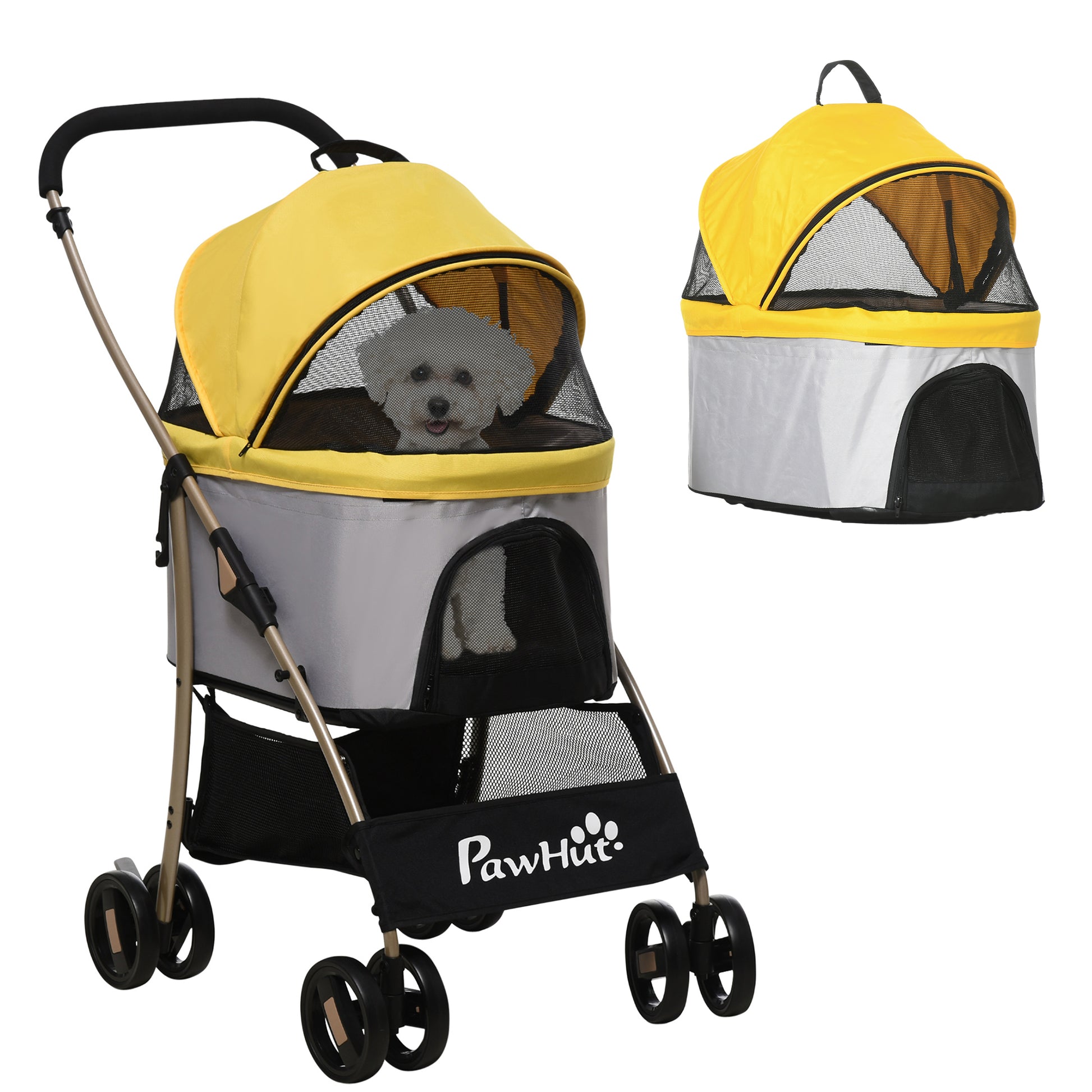 Dog Stroller, 2 in 1 Dog Trolley, Carry Bag, Foldable Dog Buggy with Cushion, Cat Stroller for Small Dogs, Cats, Cat Buggy with 4 Wheels, Mesh Window, Oxford Fabric, Yellow