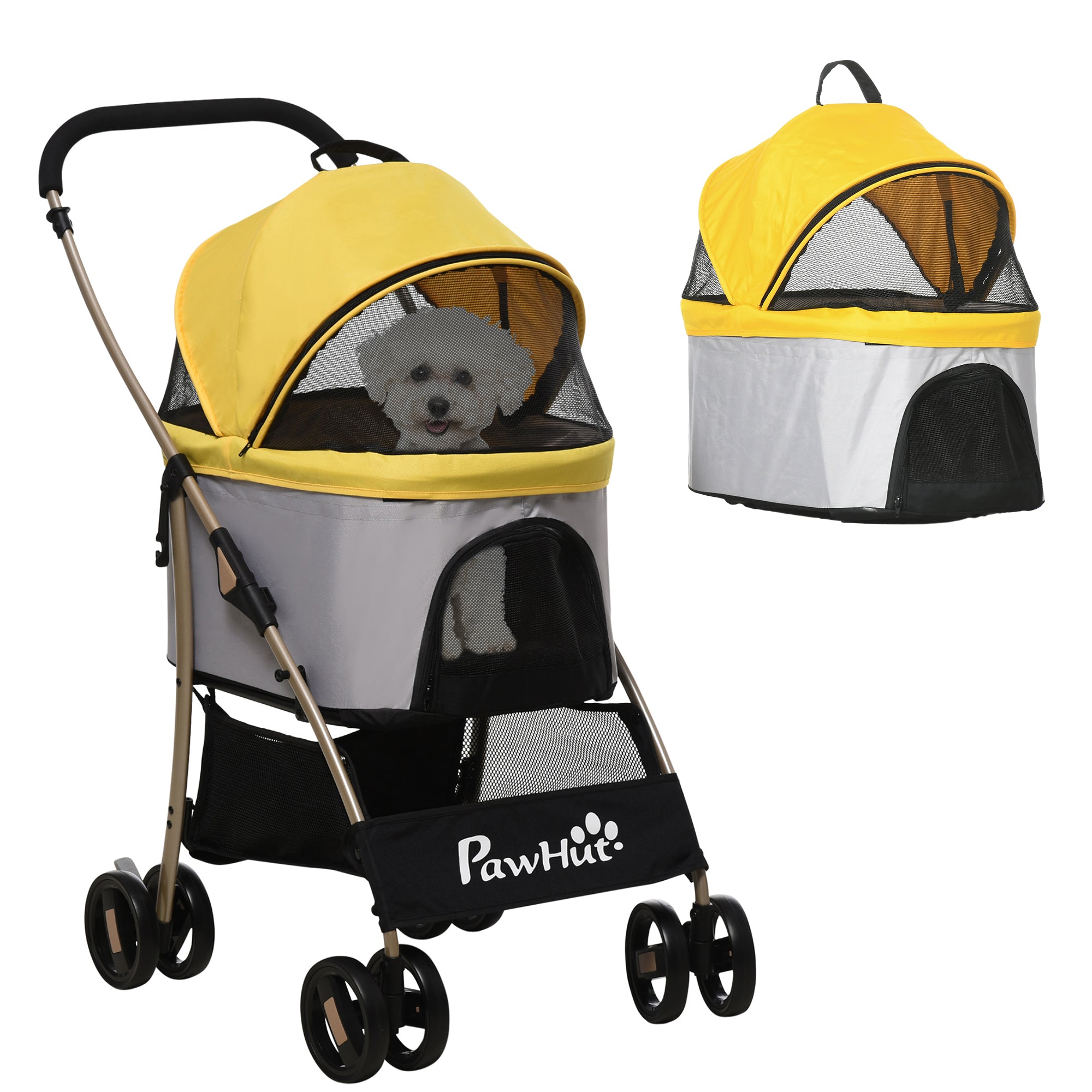 Dog Stroller, 2 in 1 Dog Trolley, Carry Bag, Foldable Dog Buggy with Cushion, Cat Stroller for Small Dogs, Cats, Cat Buggy with 4 Wheels, Mesh Window, Oxford Fabric, Yellow