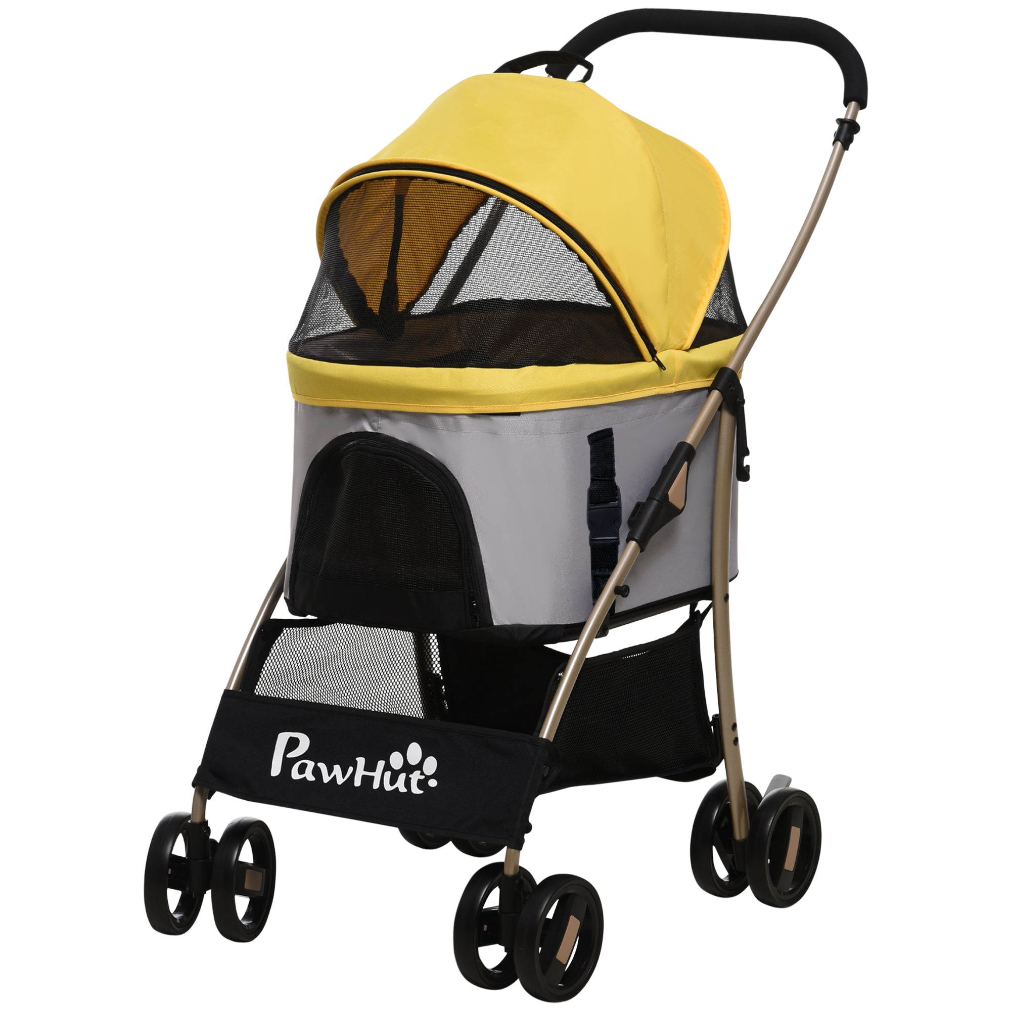 Dog Stroller, 2 in 1 Dog Trolley, Carry Bag, Foldable Dog Buggy with Cushion, Cat Stroller for Small Dogs, Cats, Cat Buggy with 4 Wheels, Mesh Window, Oxford Fabric, Yellow