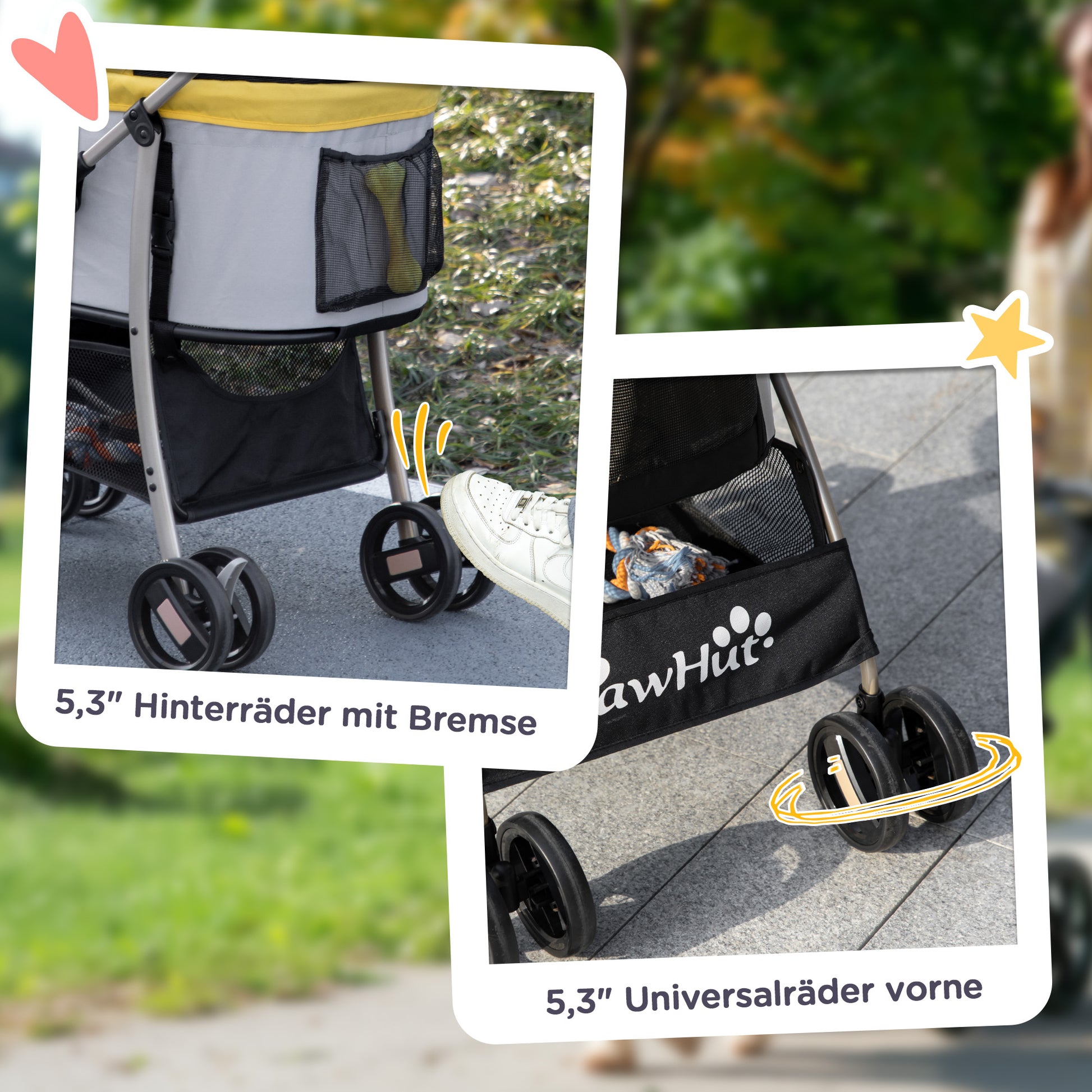 Dog Stroller, 2 in 1 Dog Trolley, Carry Bag, Foldable Dog Buggy with Cushion, Cat Stroller for Small Dogs, Cats, Cat Buggy with 4 Wheels, Mesh Window, Oxford Fabric, Yellow