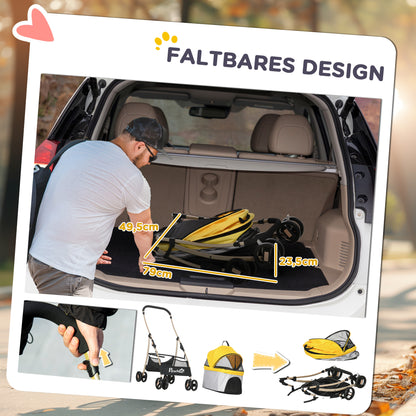 Dog Stroller, 2 in 1 Dog Trolley, Carry Bag, Foldable Dog Buggy with Cushion, Cat Stroller for Small Dogs, Cats, Cat Buggy with 4 Wheels, Mesh Window, Oxford Fabric, Yellow