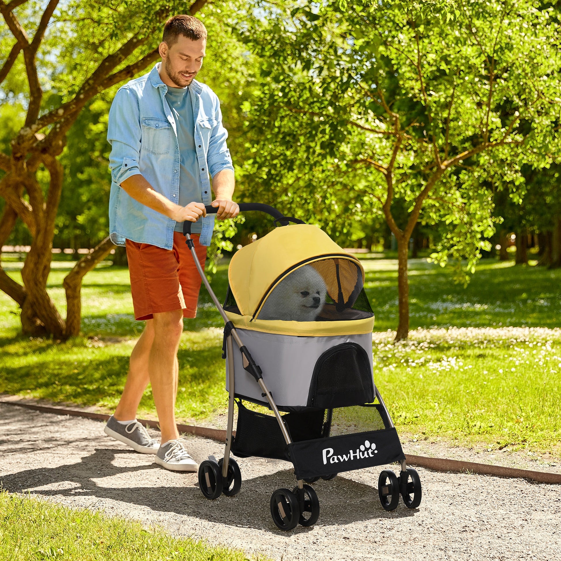 Dog Stroller, 2 in 1 Dog Trolley, Carry Bag, Foldable Dog Buggy with Cushion, Cat Stroller for Small Dogs, Cats, Cat Buggy with 4 Wheels, Mesh Window, Oxford Fabric, Yellow