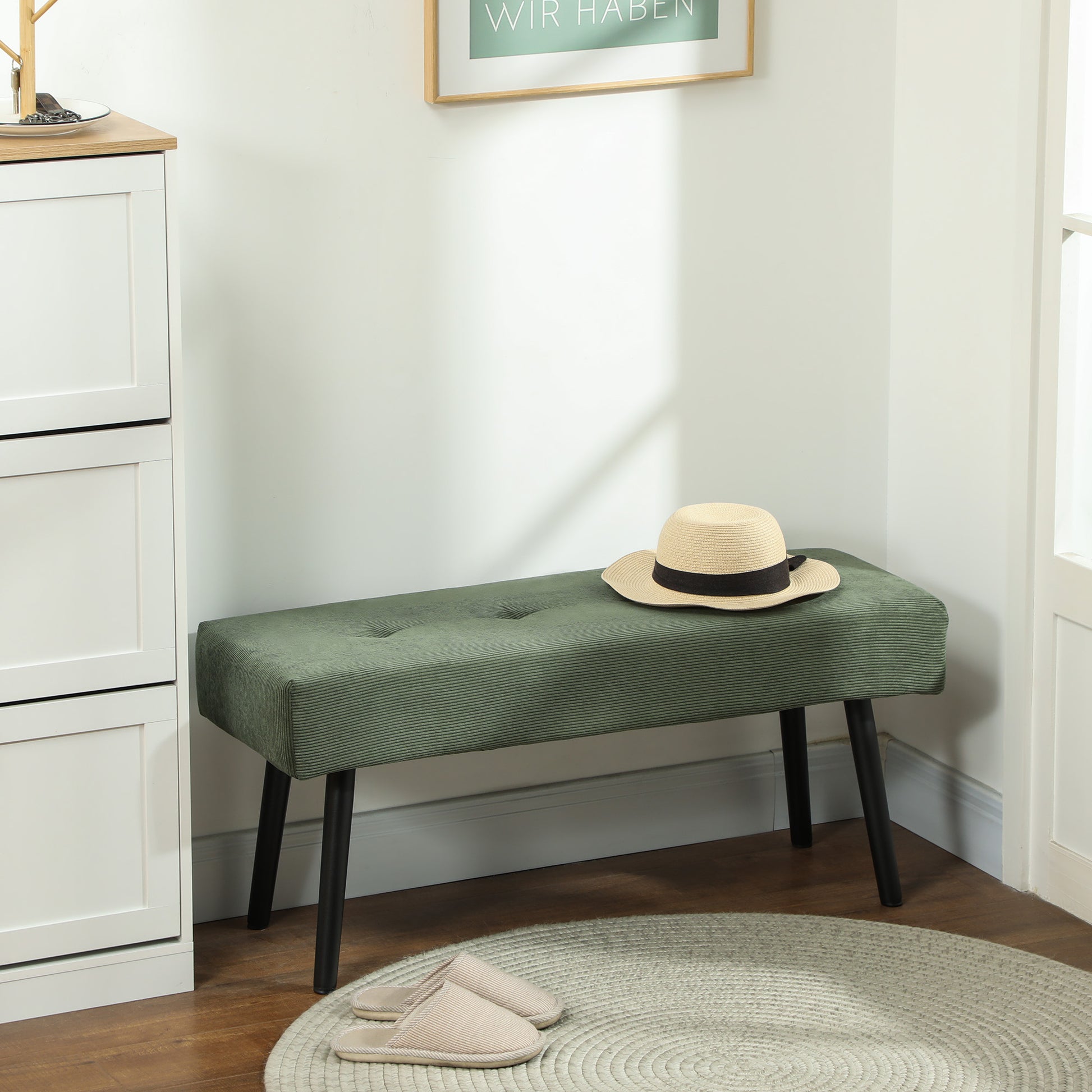 Bench Upholstered with Corduroy, Tufted Bed Bench with Metal Legs, Shoe Bench Entryway Furniture up to 220 kg for Bedroom, Living Room, Hallway 100 x 36 x 45 cm Green