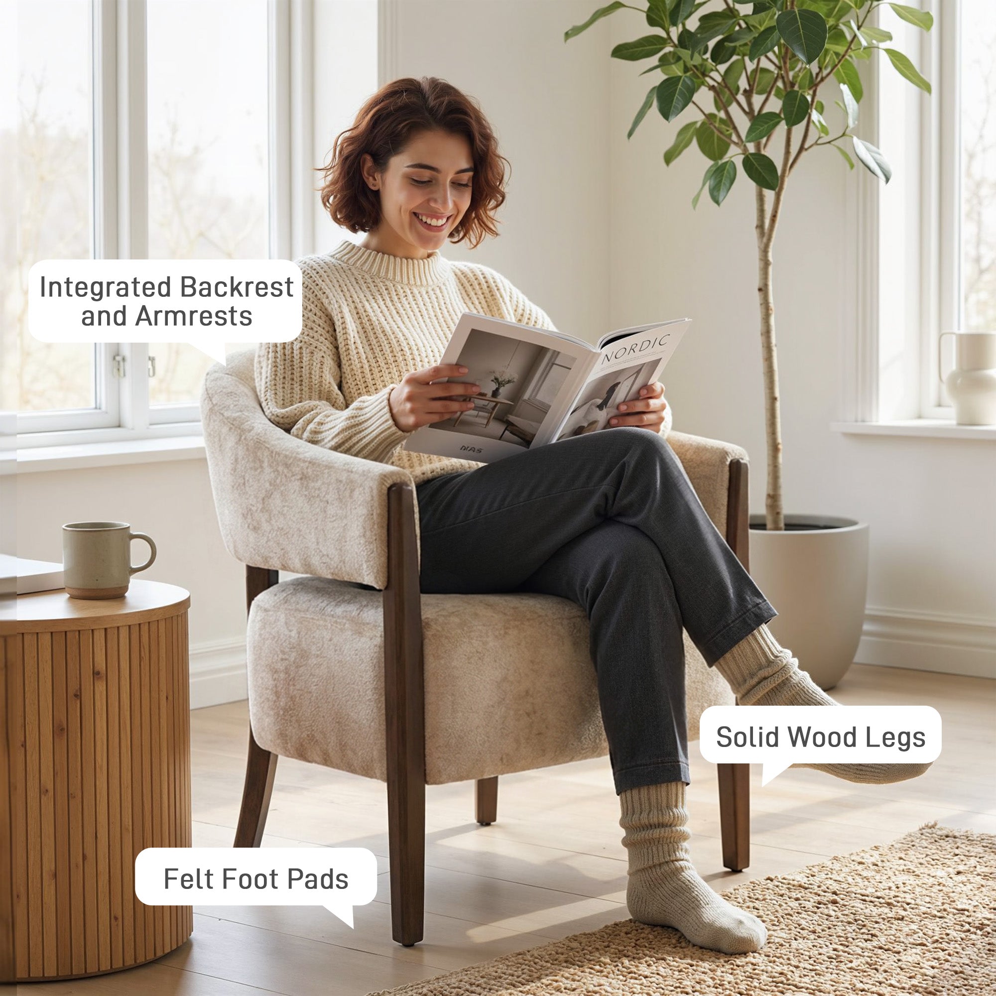 Chenille-Style Lounge Armchair with Wooden Legs, Modern Upholstered Accent Chair for Living Room & Bedroom, Beige