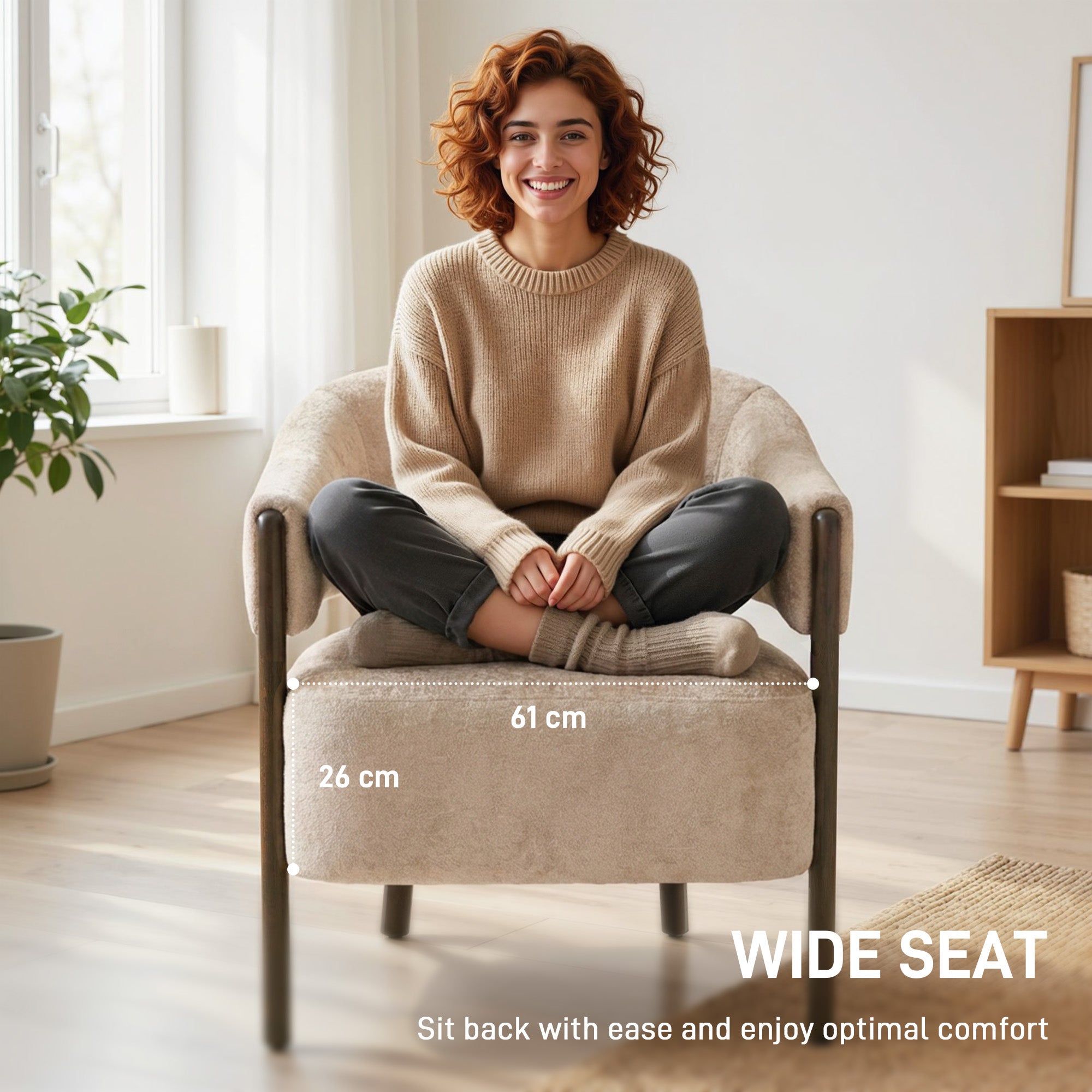 Chenille-Style Lounge Armchair with Wooden Legs, Modern Upholstered Accent Chair for Living Room & Bedroom, Beige