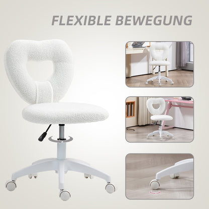 Desk Chair Office Chair Swivel Home Office Chair with Heart-shaped Backrest, Height Adjustable Teddy Fleece Vanity Chair for Study Room, White