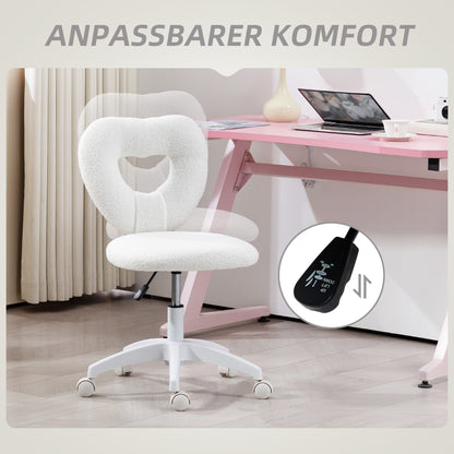 Desk Chair Office Chair Swivel Home Office Chair with Heart-shaped Backrest, Height Adjustable Teddy Fleece Vanity Chair for Study Room, White