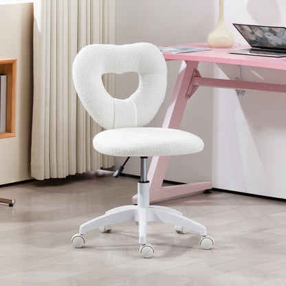 Desk Chair Office Chair Swivel Home Office Chair with Heart-shaped Backrest, Height Adjustable Teddy Fleece Vanity Chair for Study Room, White