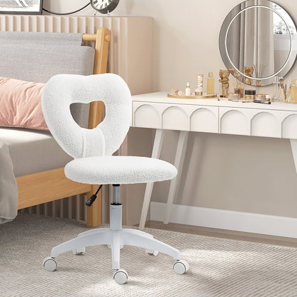 Desk Chair Office Chair Swivel Home Office Chair with Heart-shaped Backrest, Height Adjustable Teddy Fleece Vanity Chair for Study Room, White
