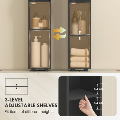 Slim Bathroom Cabinet, Tall Toilet Cupboard with Drawer and 4 Open Shelves, Space-Saving Bathroom & Living Room Storage, 8 x 8 x 71 in (20 x 20 x 180 cm), Black
