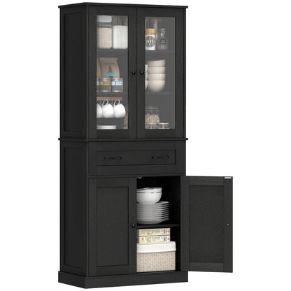 Tall Kitchen Cabinet Buffet with 2 Compartments, Acrylic Doors, Adjustable Shelf and Drawer, Pantry Cabinet for Kitchen/Living/Dining, Black, 76 x 40 x 182.5 cm (30 x 15.7 x 71.9 in)