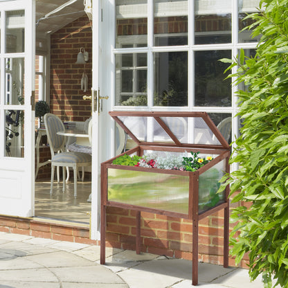 Wooden Raised Garden Bed Greenhouse 90 x 50 x 93 cm Planting Table with Cover Weatherproof Herb Planter for Garden, Balcony, and Terrace Brown