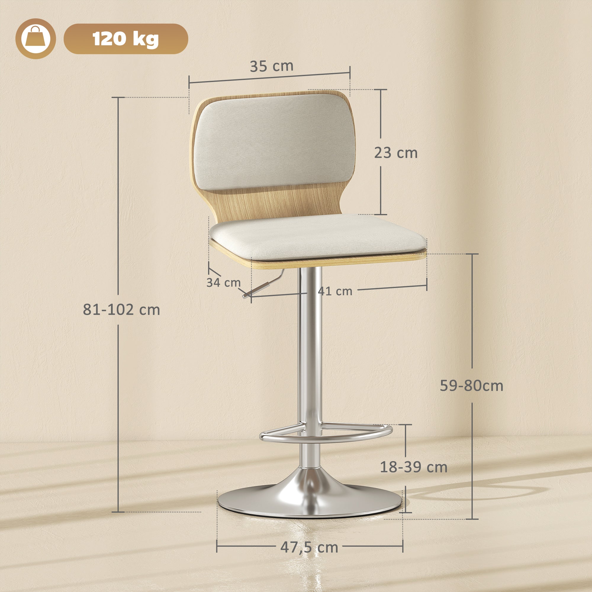 Set of 2 360° Swivel Kitchen Bar Stools, Height-Adjustable 31.9–40.2 in, Linen Upholstery, Beige