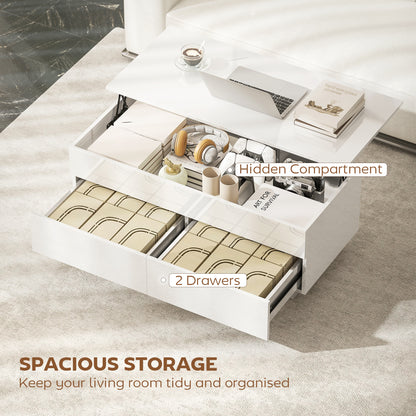Height-Adjustable Coffee Table with Lift-Top, 2 Drawers & Hidden Compartment — High-Gloss White