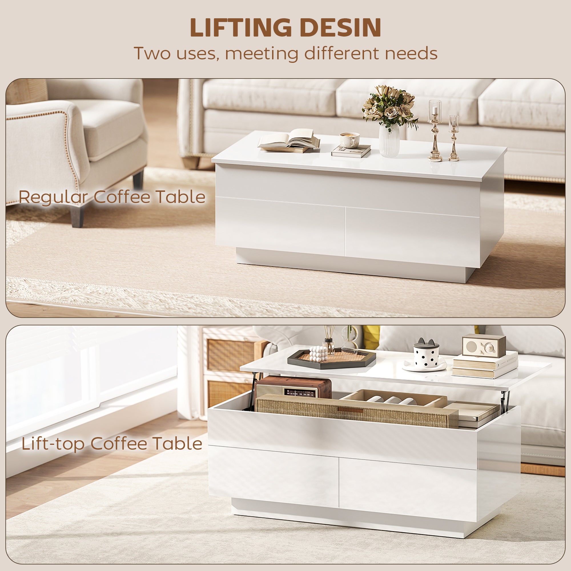 Height-Adjustable Coffee Table with Lift-Top, 2 Drawers & Hidden Compartment — High-Gloss White