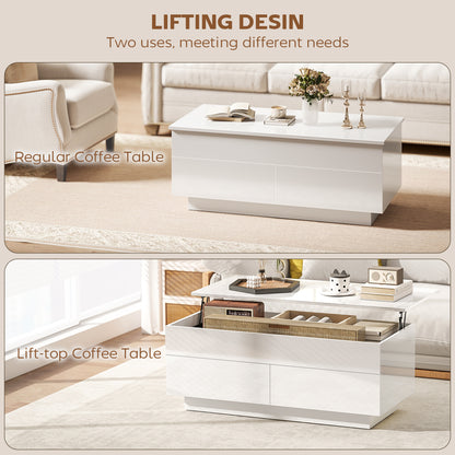 Height-Adjustable Coffee Table with Lift-Top, 2 Drawers & Hidden Compartment — High-Gloss White