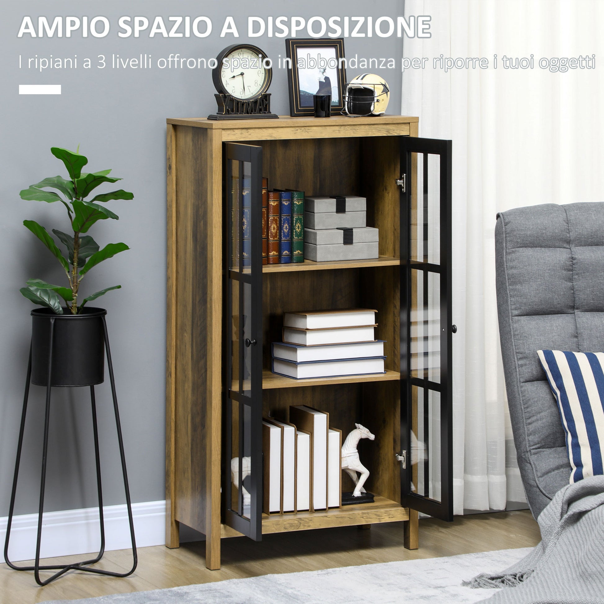 Modern Glass 2-Door Sideboard, Living Room and Lounge Cabinet, 60x35x120cm, Brown