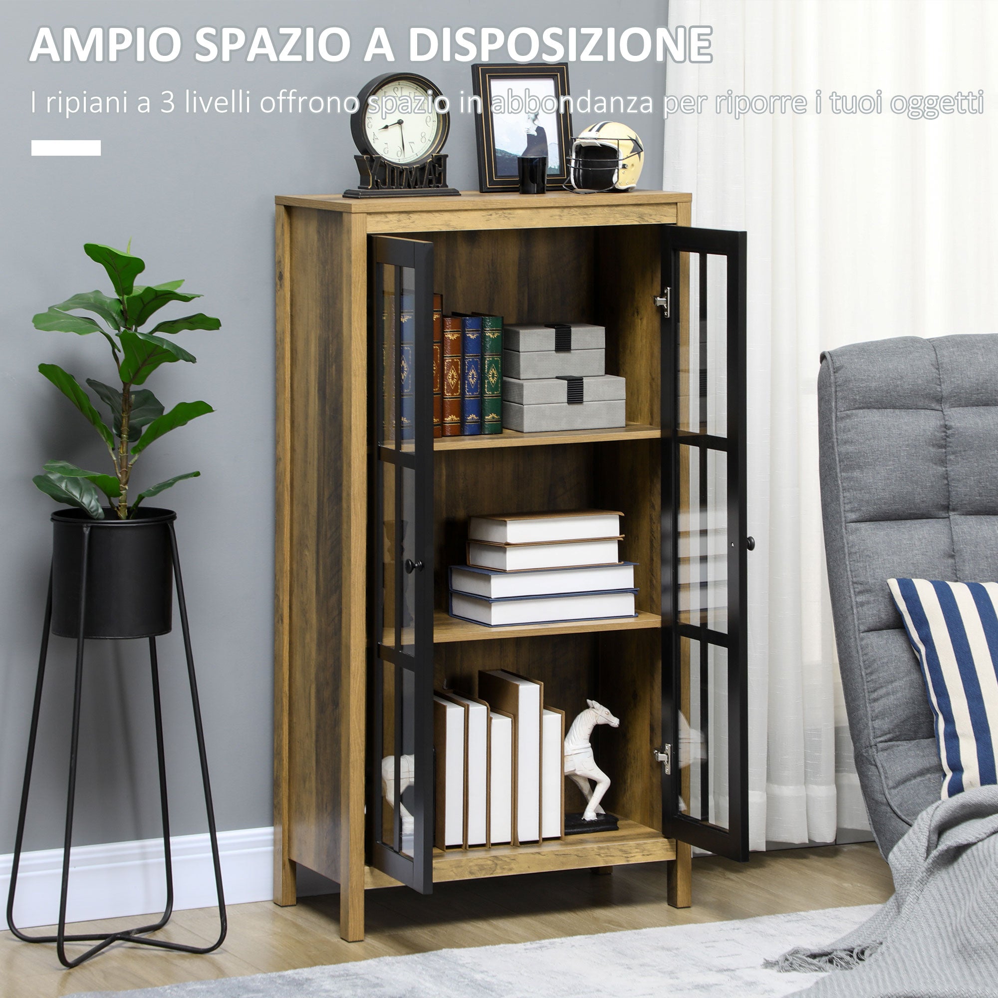 Modern Glass 2-Door Sideboard, Living Room and Lounge Cabinet, 60x35x120cm, Brown