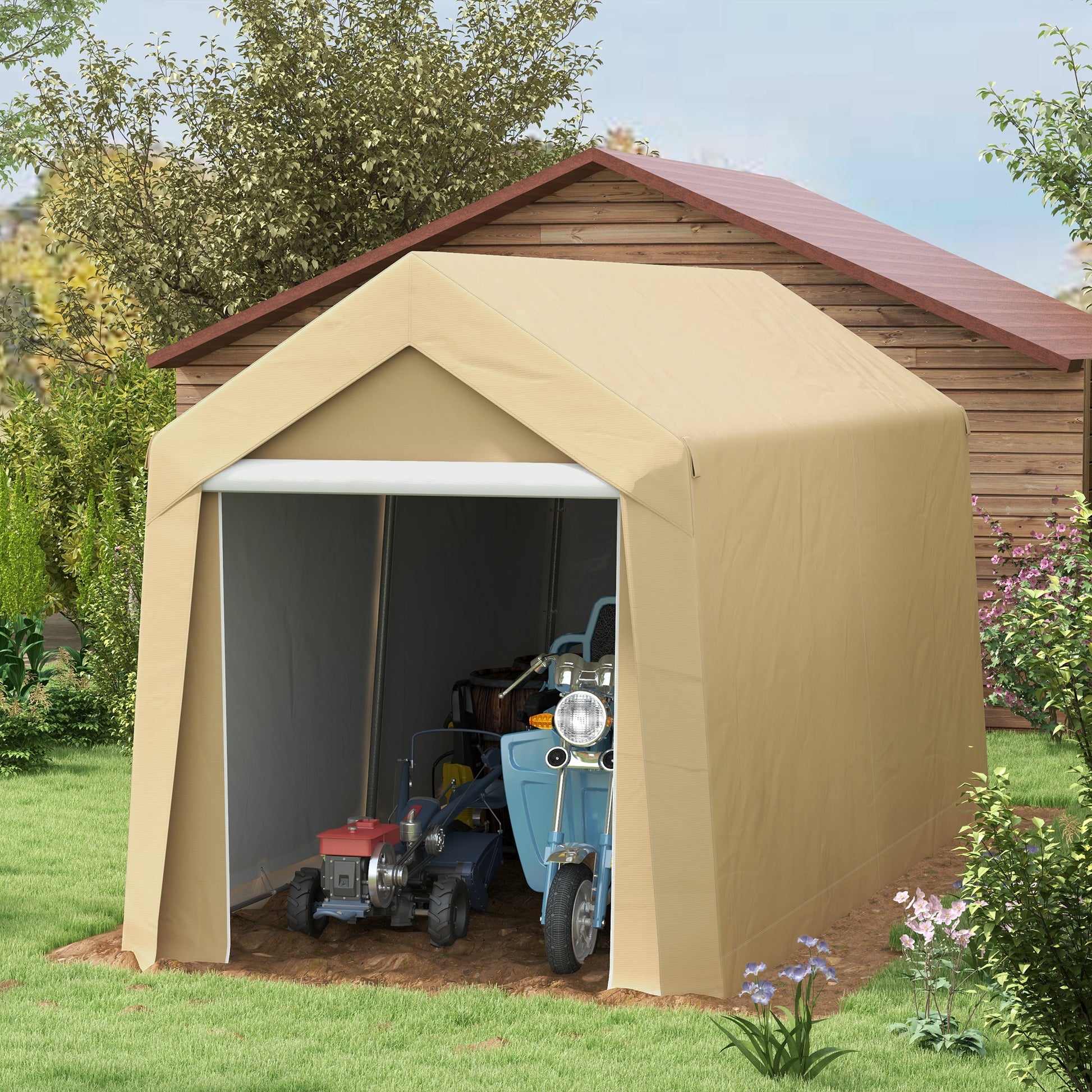 Garden Shed, Storage Tent, 2 x 3.6m, Waterproof and Anti-UV, Galvanized Steel Frame and Large Door, Bike Garage Shelter for Outdoor, Beige