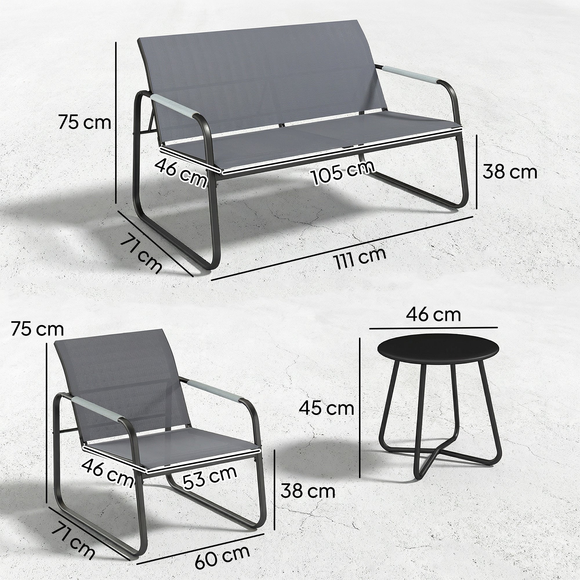 4-Piece Outdoor Patio Set for 4 — Breathable Garden Lounge with 2-Seat Sofa, 2 Armchairs, Woven Rope Round Table, Adjustable Feet, Weatherproof (Gray)