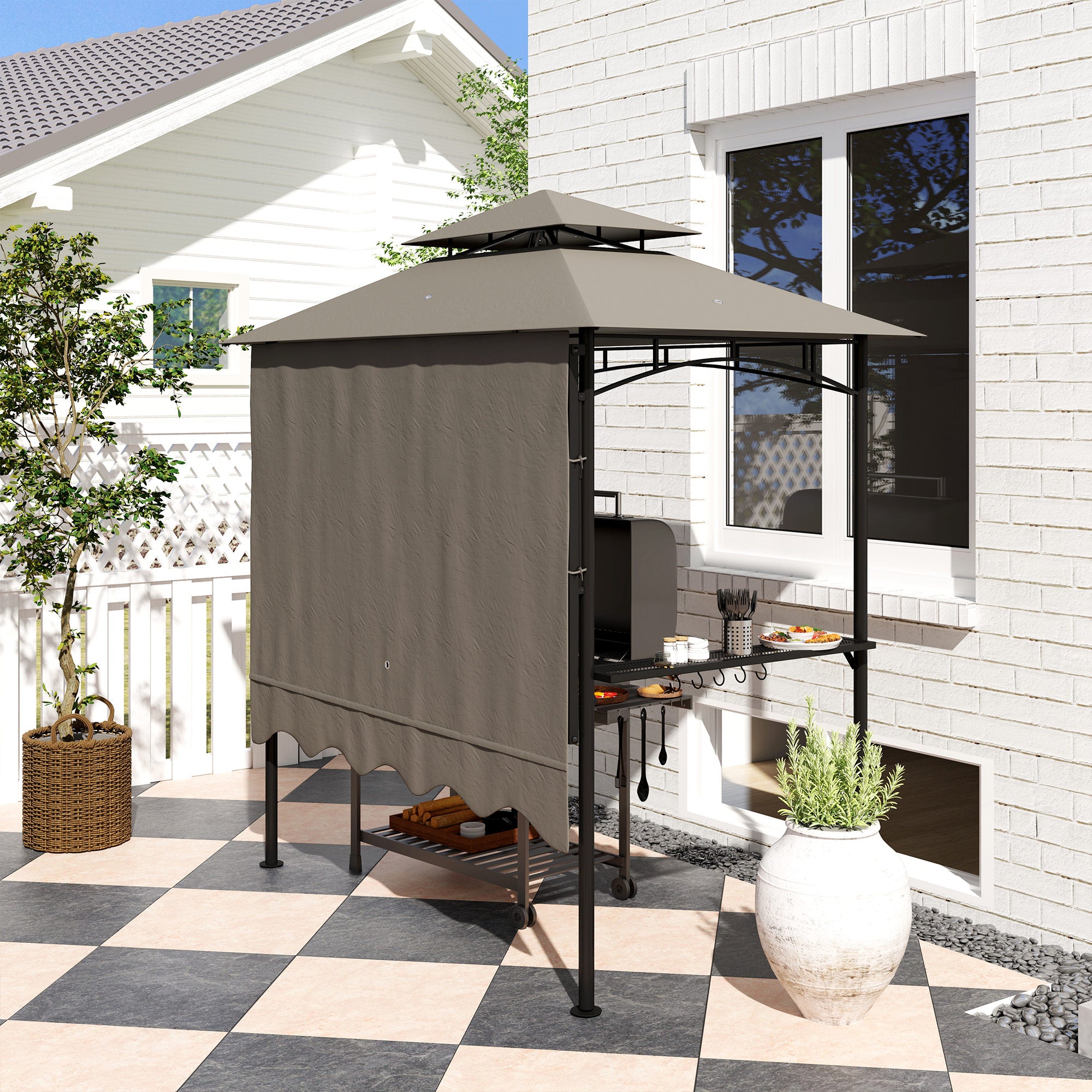 BBQ Gazebo 242 x 149 x 248 cm (95.3" x 58.7" x 97.6") — Water-Resistant, Flame-Retardant Double-Layer Roof, Side Shelves, UV30+, Gray