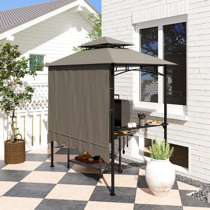 BBQ Gazebo 242 x 149 x 248 cm (95.3" x 58.7" x 97.6") — Water-Resistant, Flame-Retardant Double-Layer Roof, Side Shelves, UV30+, Gray
