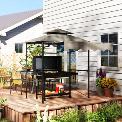 BBQ Gazebo 242 x 149 x 248 cm (95.3" x 58.7" x 97.6") — Water-Resistant, Flame-Retardant Double-Layer Roof, Side Shelves, UV30+, Gray