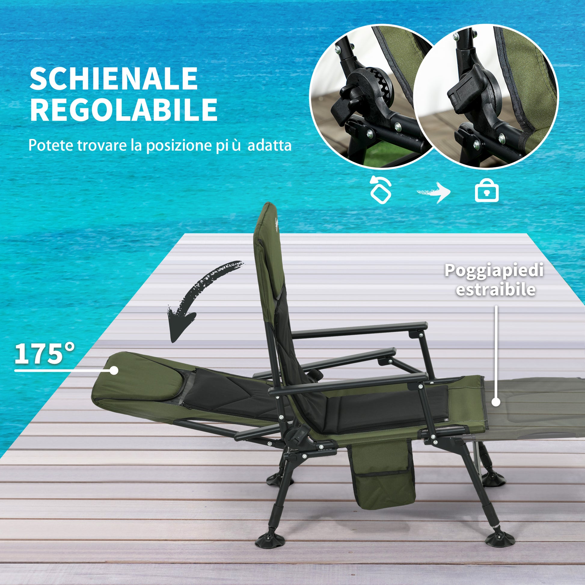 Folding Fishing Chair with Reclining Backrest and Removable Footrest, Camping Chair in Polyester and Steel, 140 x 81 x 63 cm, Black and Dark Green