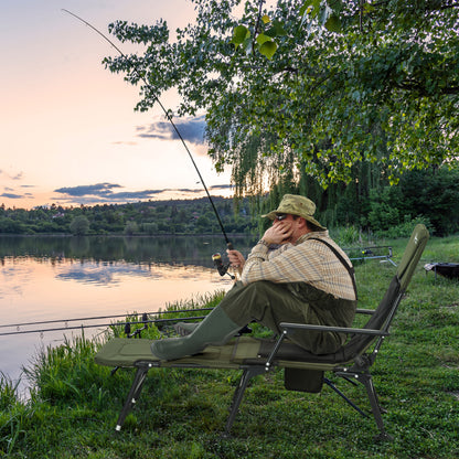 Folding Fishing Chair with Reclining Backrest and Removable Footrest, Camping Chair in Polyester and Steel, 140 x 81 x 63 cm, Black and Dark Green