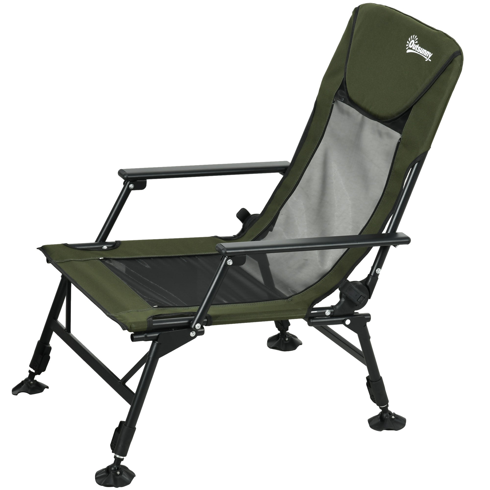 Folding Fishing Chair with Reclining Backrest and Removable Footrest, Camping Chair in Polyester and Steel, 140 x 81 x 63 cm, Black and Dark Green