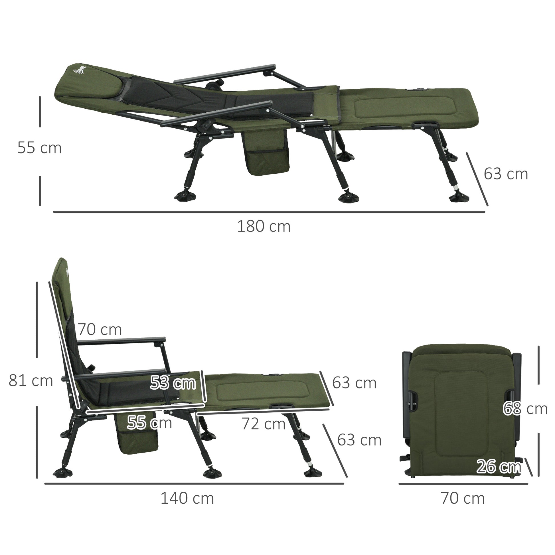 Folding Fishing Chair with Reclining Backrest and Removable Footrest, Camping Chair in Polyester and Steel, 140 x 81 x 63 cm, Black and Dark Green