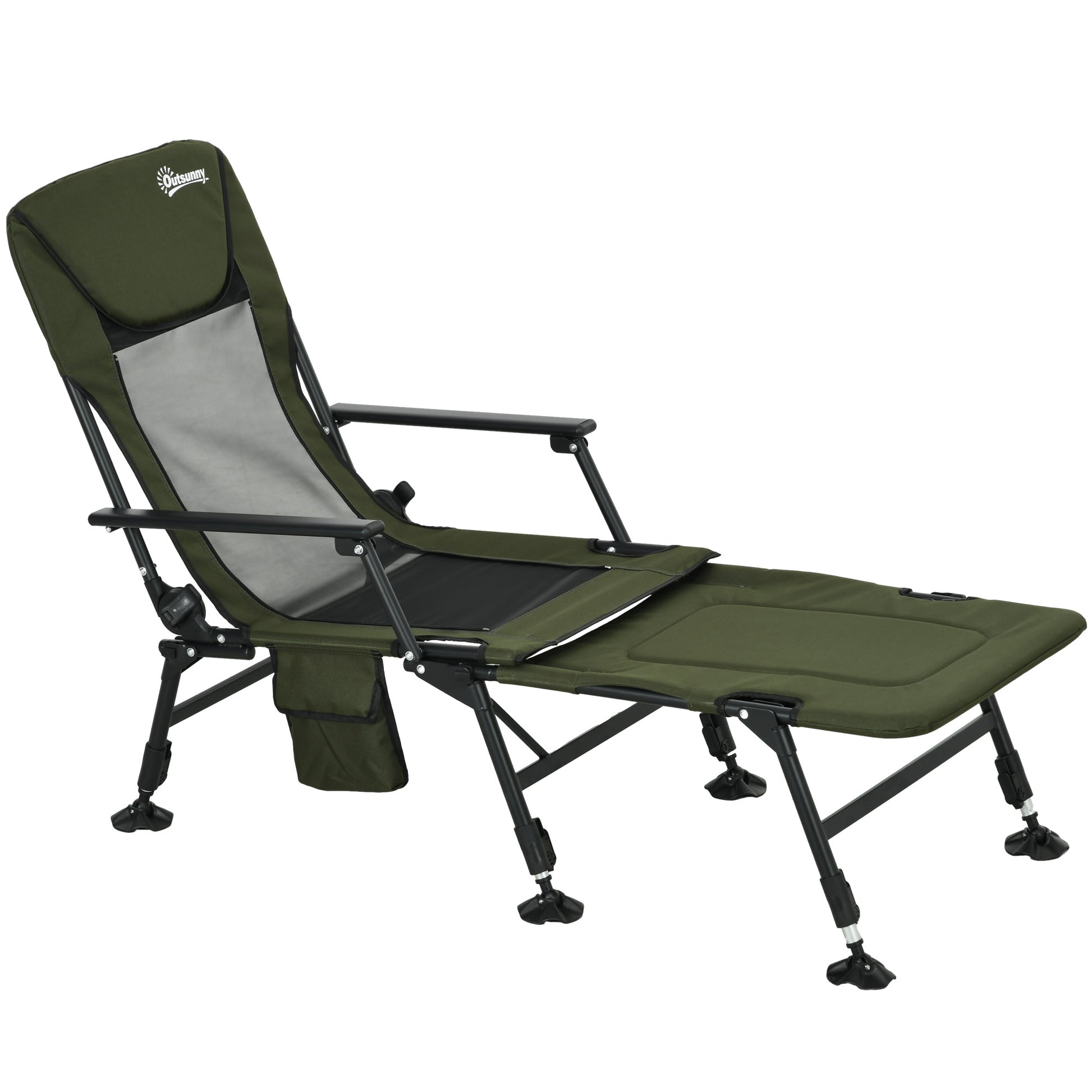 Folding Fishing Chair with Reclining Backrest and Removable Footrest, Camping Chair in Polyester and Steel, 140 x 81 x 63 cm, Black and Dark Green