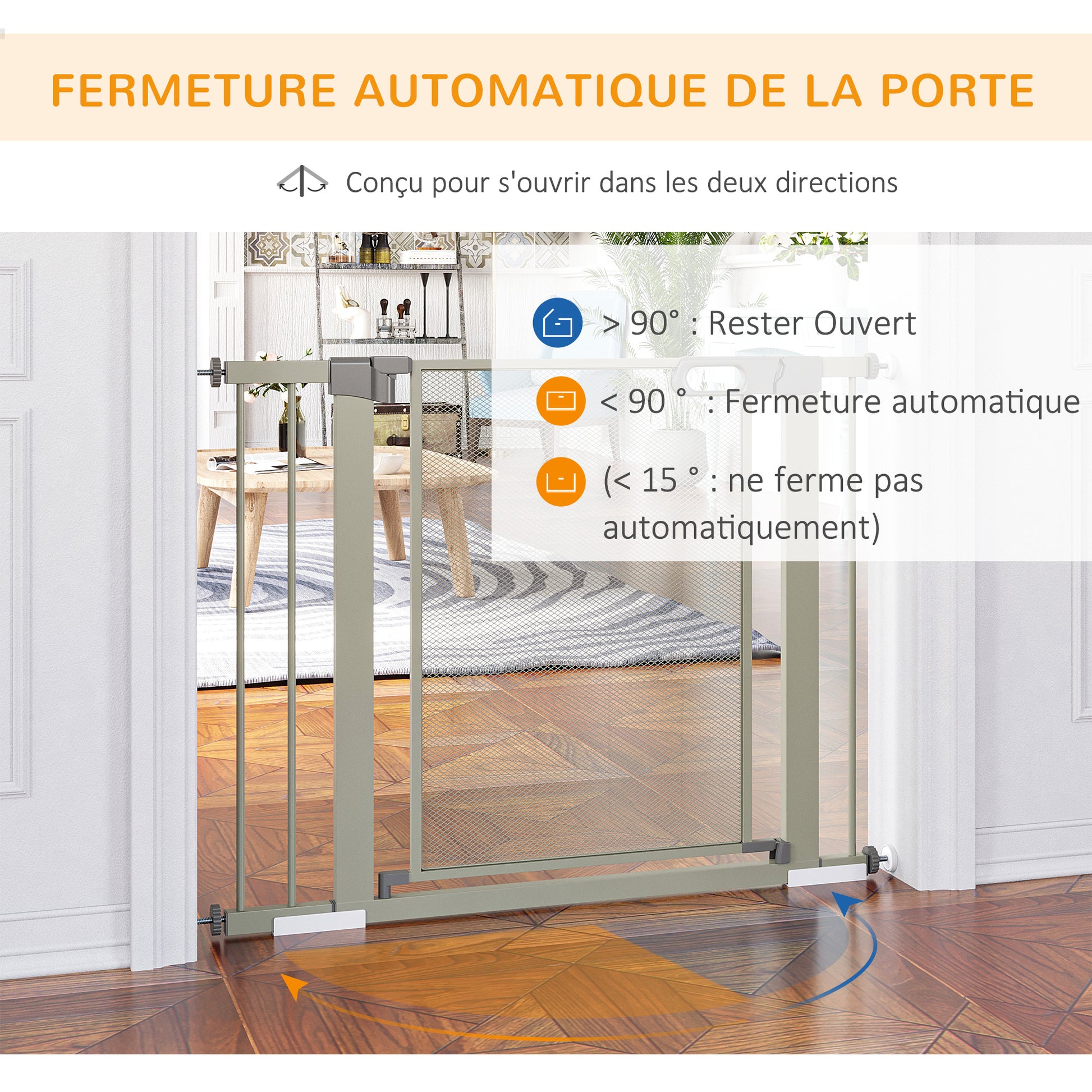 Pet Safety Gate with Double Lock Automatic Closing Width 75-103 cm Gray