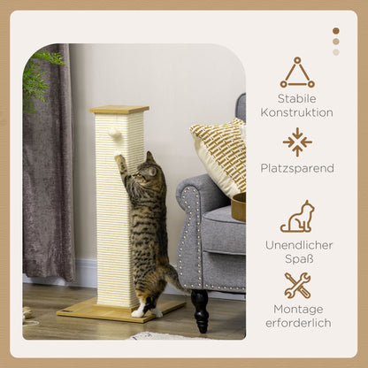 Scratching Post, 80 cm, Scratching Post for Cats with Play Ball, Sisal Rope Scratching Post, Cat Scratcher with Scratching Board, Cat Furniture, Oak+Cream White