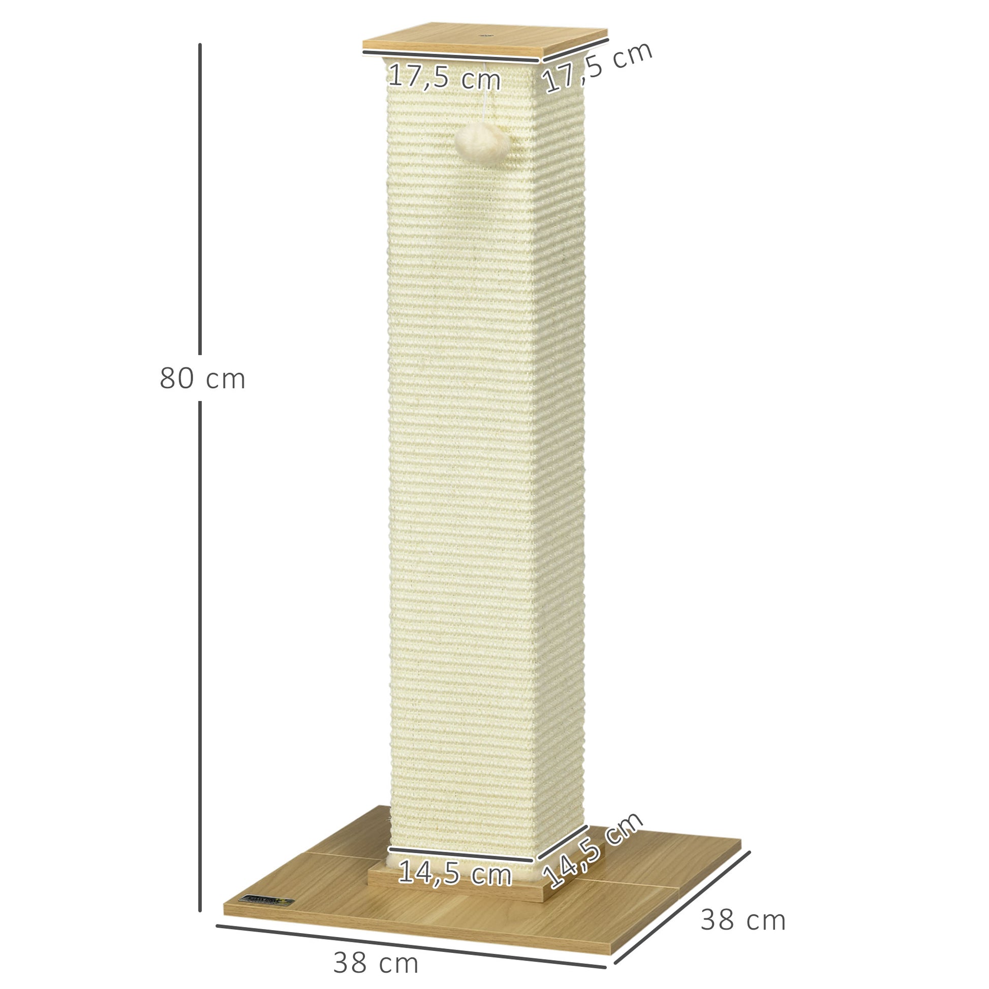 Scratching Post, 80 cm, Scratching Post for Cats with Play Ball, Sisal Rope Scratching Post, Cat Scratcher with Scratching Board, Cat Furniture, Oak+Cream White