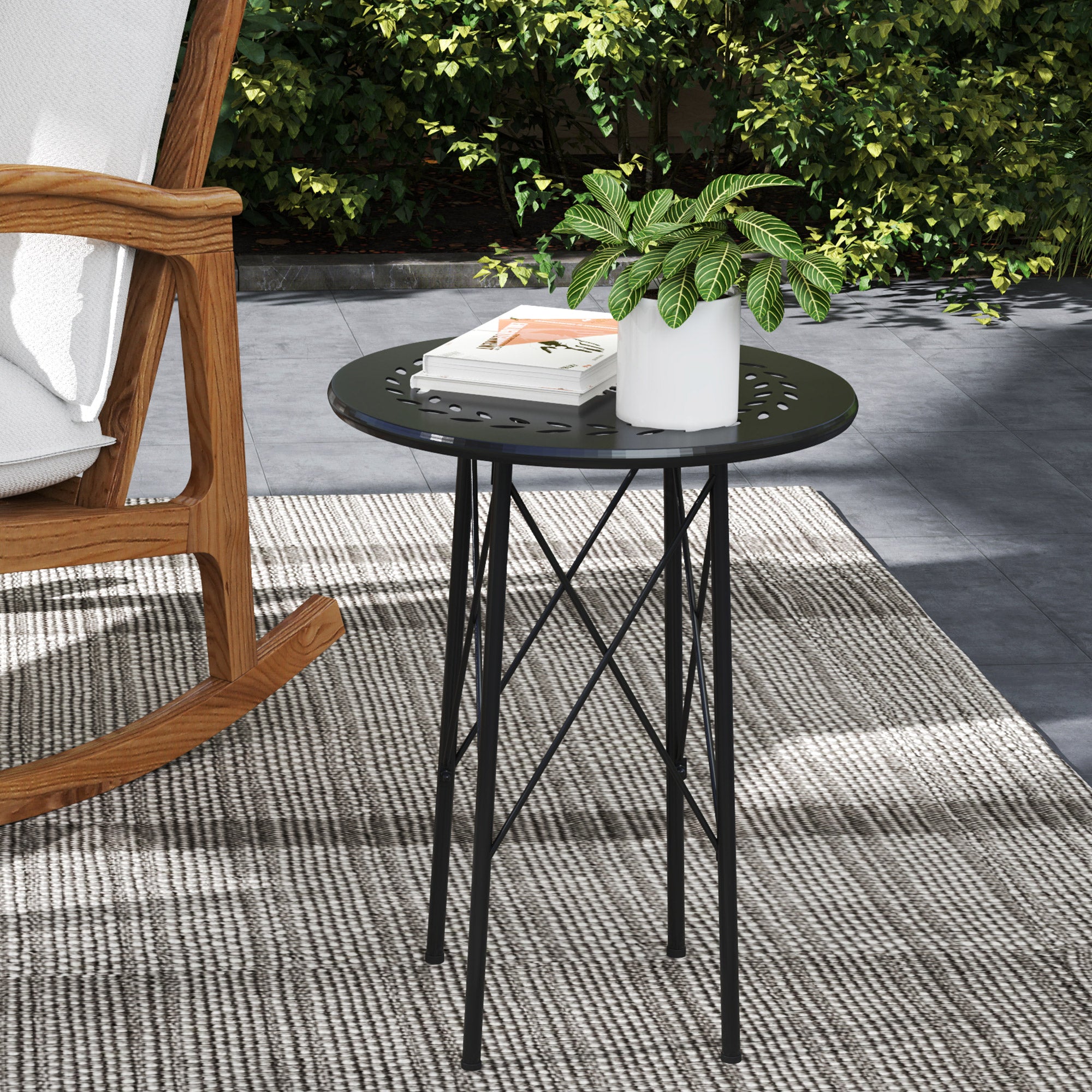 Garden Table Ø40 x 50cm, Weatherproof Steel Patio Table with Flower Design Protective Feet, Round Dining Table Outdoor, Camping Table Patio Table for Garden Terrace Balcony Black