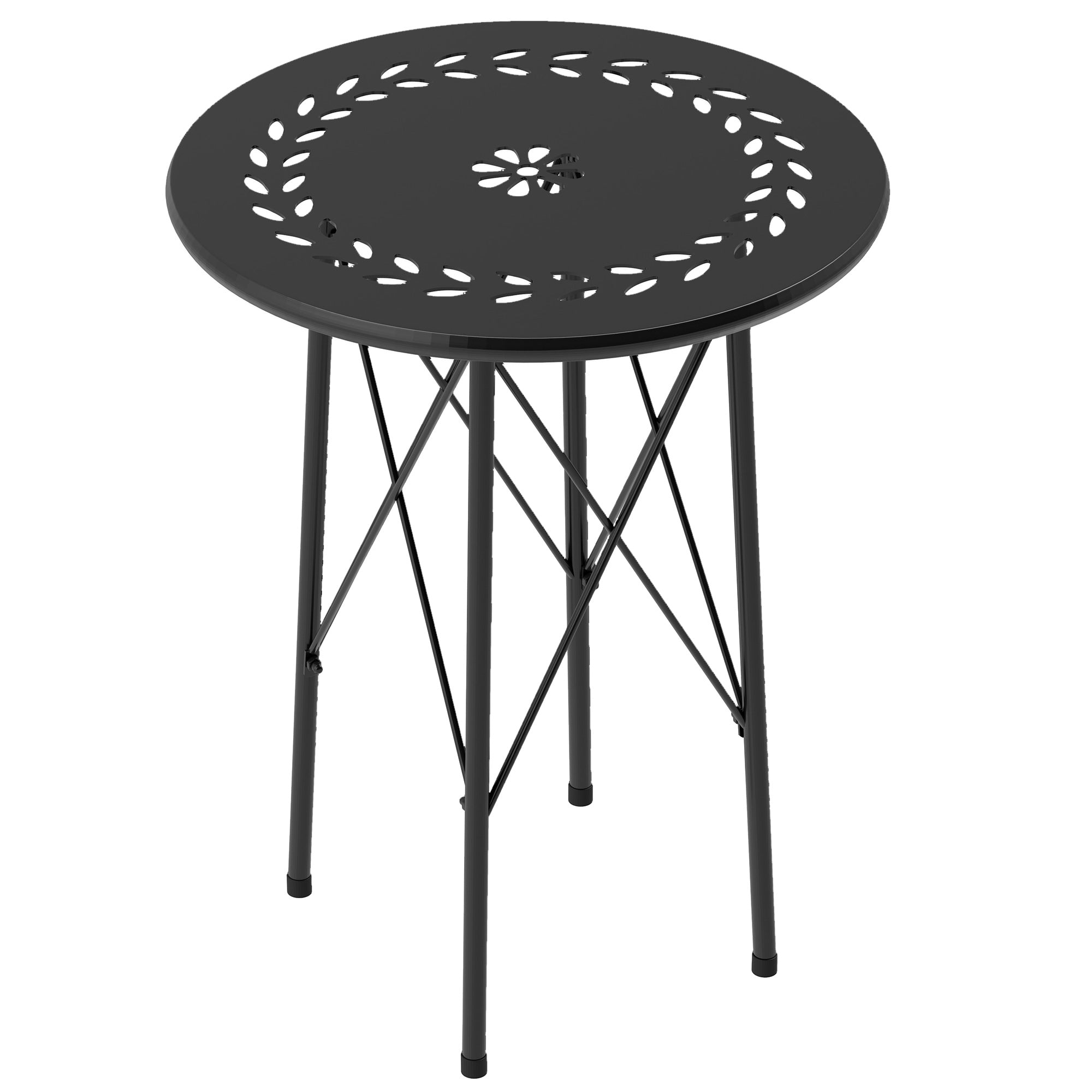 Garden Table Ø40 x 50cm, Weatherproof Steel Patio Table with Flower Design Protective Feet, Round Dining Table Outdoor, Camping Table Patio Table for Garden Terrace Balcony Black