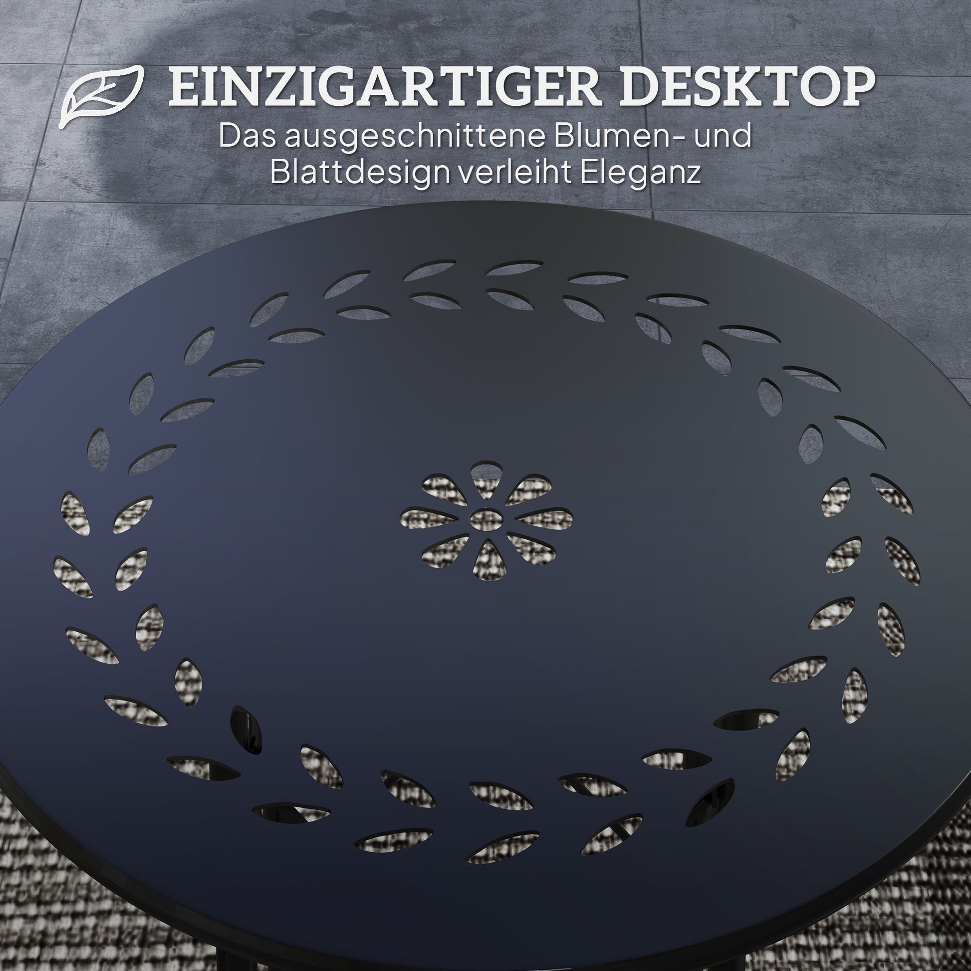 Garden Table Ø40 x 50cm, Weatherproof Steel Patio Table with Flower Design Protective Feet, Round Dining Table Outdoor, Camping Table Patio Table for Garden Terrace Balcony Black